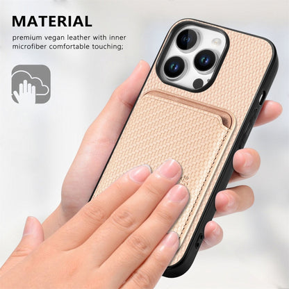 For iPhone 16 Pro Carbon Fiber Leather Card Magsafe Phone Case(Khaki) by bashfashion