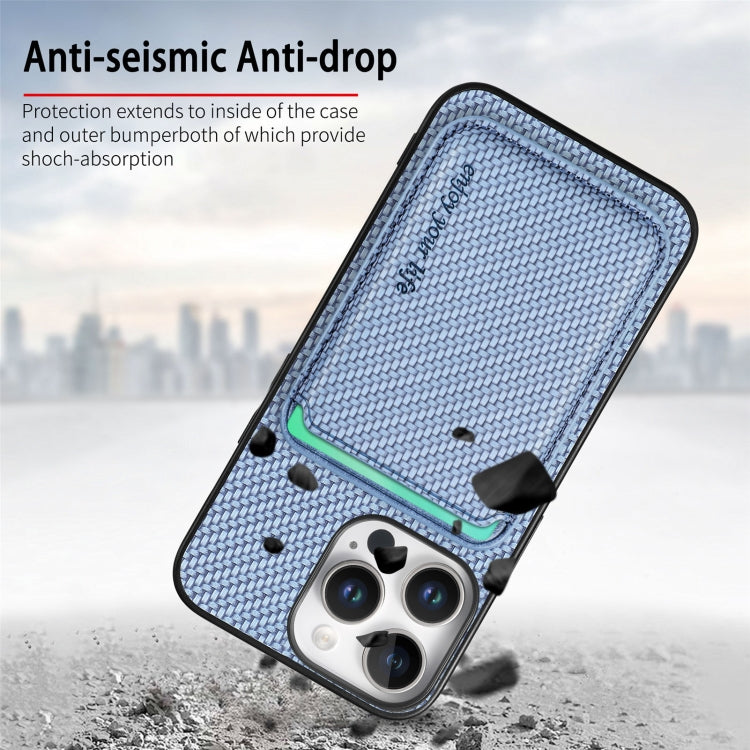 For iPhone 16 Pro Max Carbon Fiber Leather Card Magsafe Phone Case(Blue) by bashfashion