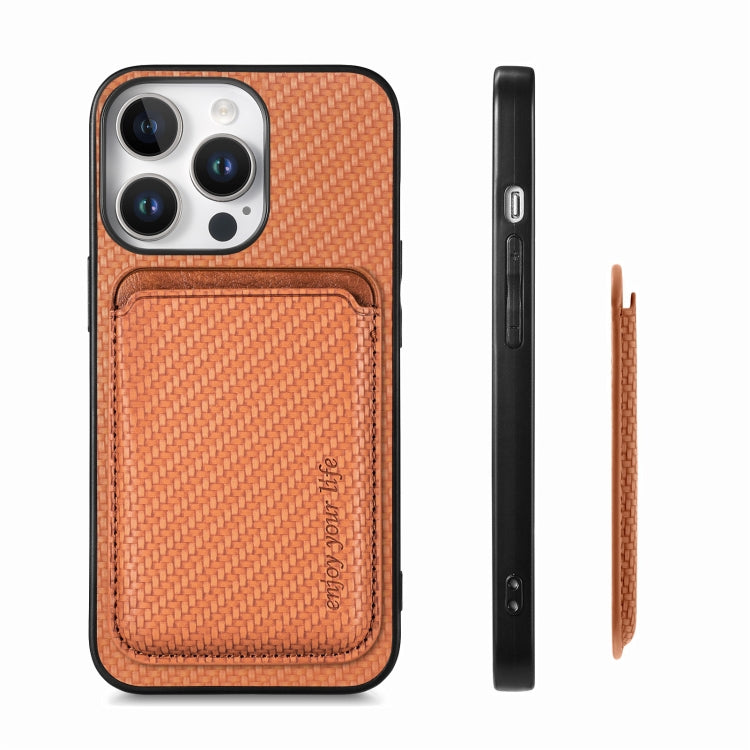 For iPhone 16 Pro Max Carbon Fiber Leather Card Magsafe Phone Case(Brown) by bashfashion