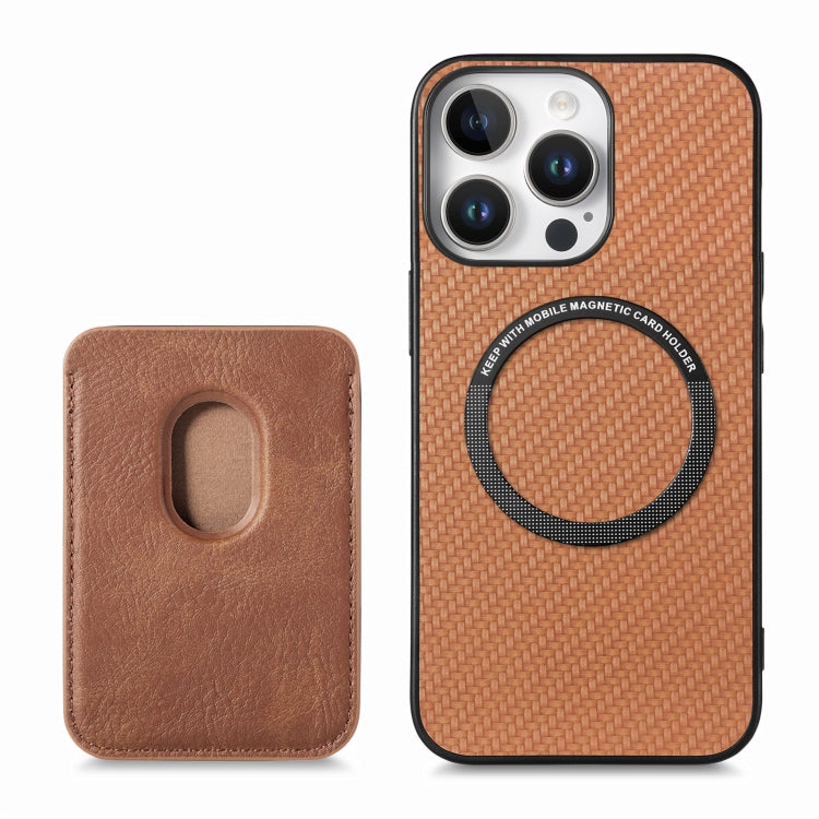 For iPhone 16 Pro Max Carbon Fiber Leather Card Magsafe Phone Case(Brown) by bashfashion