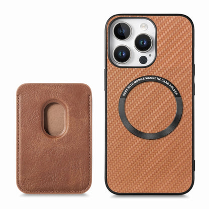 For iPhone 16 Pro Max Carbon Fiber Leather Card Magsafe Phone Case(Brown) by bashfashion
