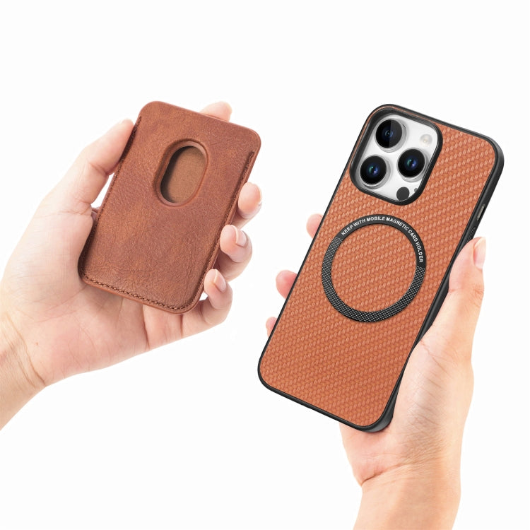For iPhone 16 Pro Max Carbon Fiber Leather Card Magsafe Phone Case(Brown) by bashfashion