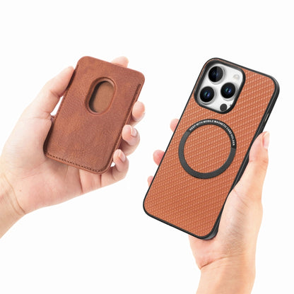 For iPhone 16 Pro Max Carbon Fiber Leather Card Magsafe Phone Case(Brown) by bashfashion