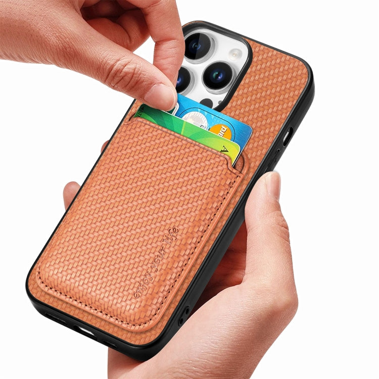 For iPhone 16 Pro Max Carbon Fiber Leather Card Magsafe Phone Case(Brown) by bashfashion