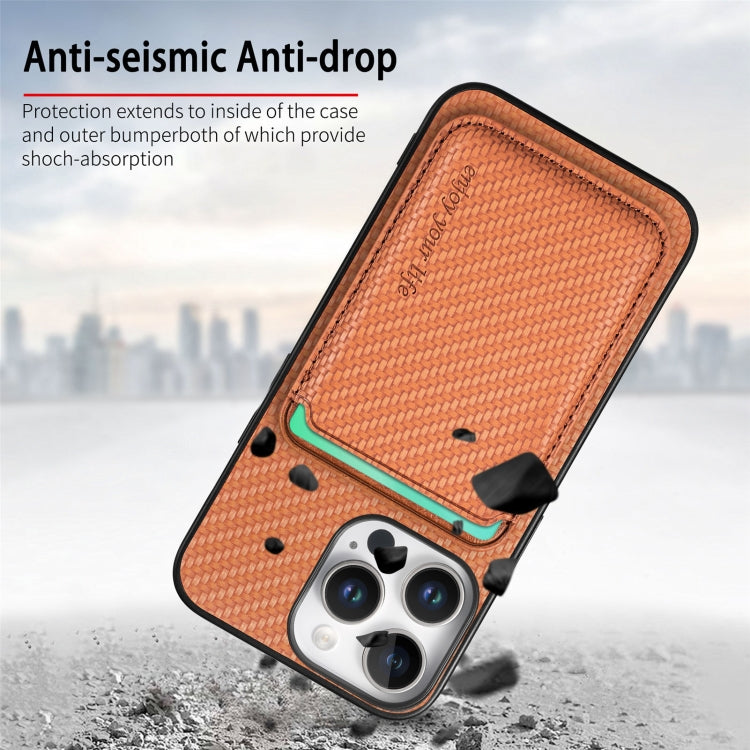 For iPhone 16 Pro Max Carbon Fiber Leather Card Magsafe Phone Case(Brown) by bashfashion