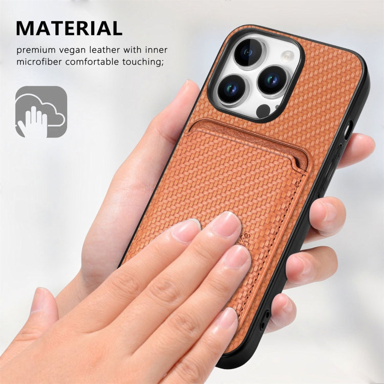 For iPhone 16 Pro Max Carbon Fiber Leather Card Magsafe Phone Case(Brown) by bashfashion
