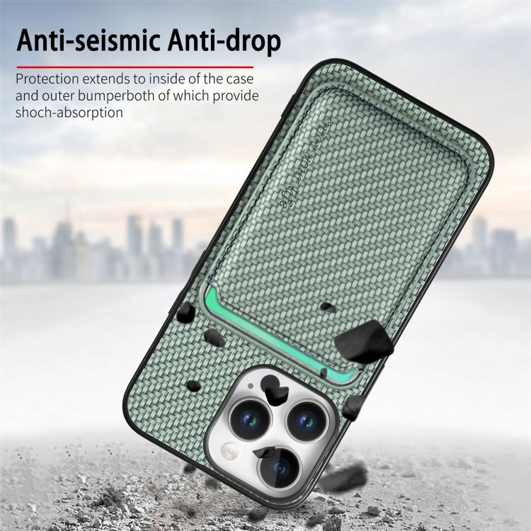For iPhone 16 Pro Max Carbon Fiber Leather Card Magsafe Phone Case(Green) by bashfashion