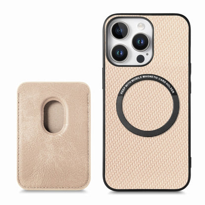 For iPhone 16 Pro Max Carbon Fiber Leather Card Magsafe Phone Case(Khaki) by bashfashion