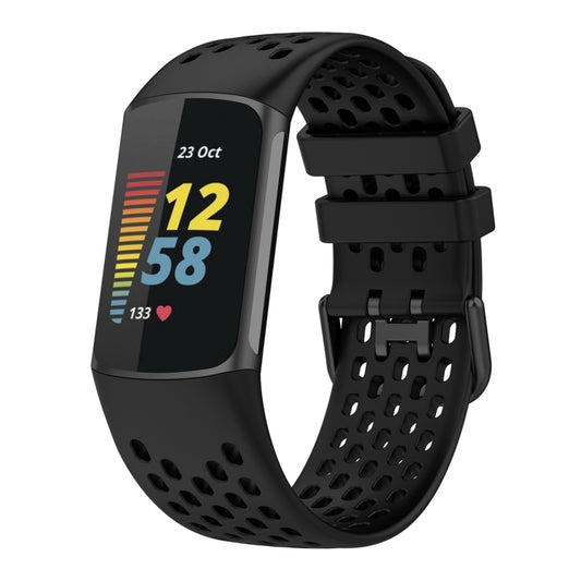 For Fitbit Charge 5 Solid Color Breathable Sports Silicone Watch Band(Black) by bashfashion
