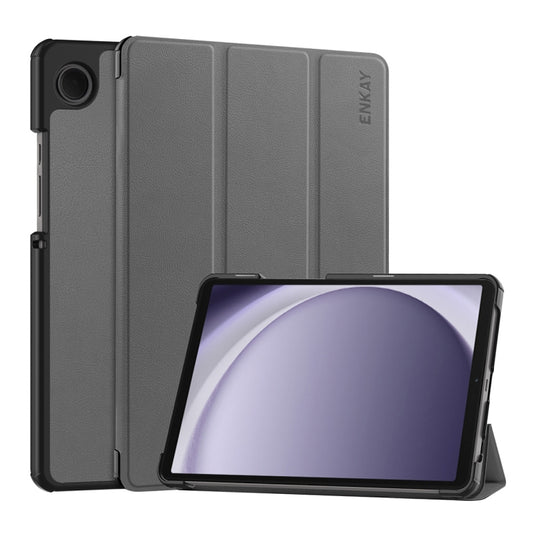 For Samsung Galaxy Tab A9 8.7 ENKAY Tri-fold Custer Texture Leather Smart Tablet Case(Grey) by ENKAY