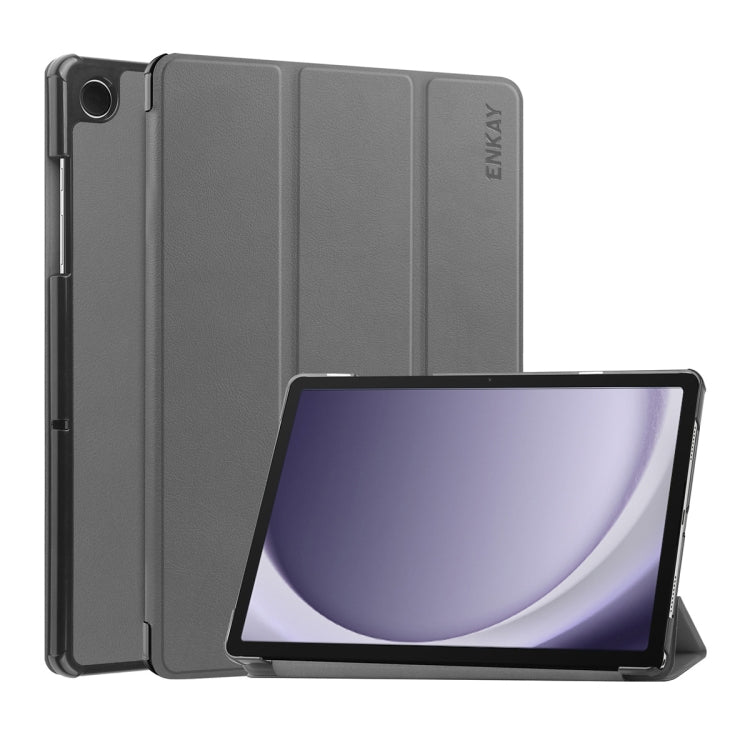 For Samsung Galaxy Tab A9+ 11.0 ENKAY Tri-fold Custer Texture Leather Smart Tablet Case(Grey) by ENKAY