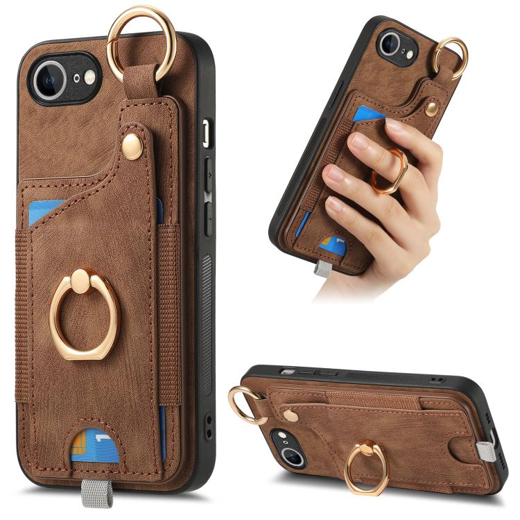 For iPhone 16e Retro Skin-feel Ring Card Bag Phone Case with Hang Loop(Brown) by bashfashion