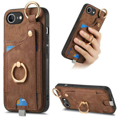 For iPhone 16e Retro Skin-feel Ring Card Bag Phone Case with Hang Loop(Brown) by bashfashion