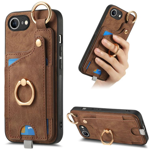 For iPhone 16e Retro Skin-feel Ring Card Bag Phone Case with Hang Loop(Brown) by bashfashion