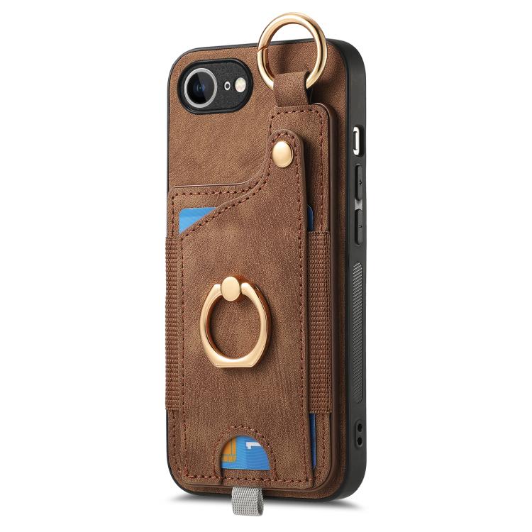 For iPhone 16e Retro Skin-feel Ring Card Bag Phone Case with Hang Loop(Brown) by bashfashion