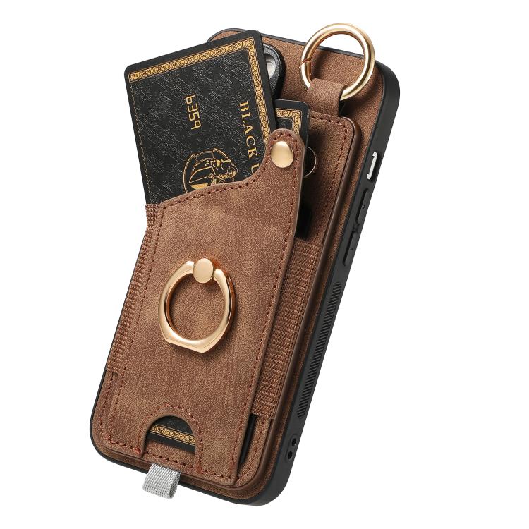 For iPhone 16e Retro Skin-feel Ring Card Bag Phone Case with Hang Loop(Brown) by bashfashion
