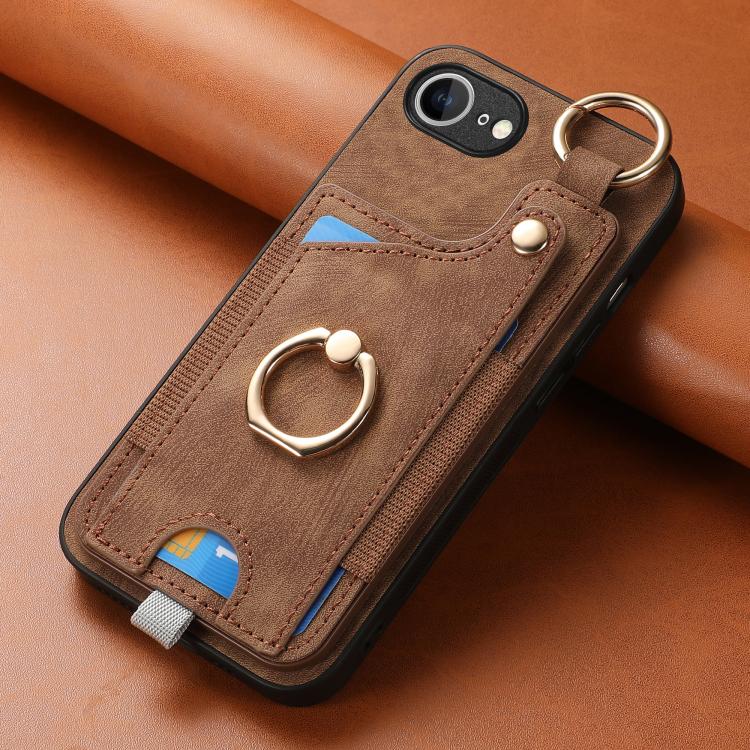 For iPhone 16e Retro Skin-feel Ring Card Bag Phone Case with Hang Loop(Brown) by bashfashion