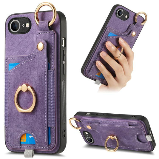 For iPhone 16e Retro Skin-feel Ring Card Bag Phone Case with Hang Loop(Purple) by bashfashion