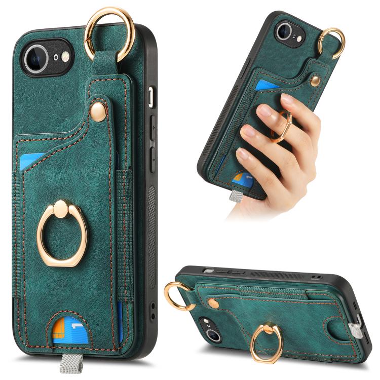 For iPhone 16e Retro Skin-feel Ring Card Bag Phone Case with Hang Loop(Green) by bashfashion