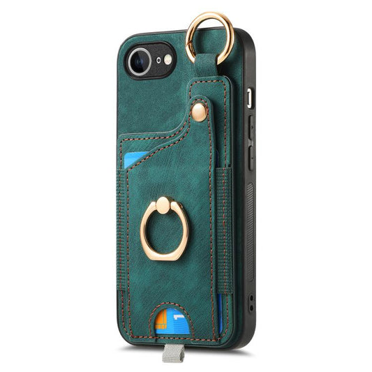 For iPhone 16e Retro Skin-feel Ring Card Bag Phone Case with Hang Loop(Green) by bashfashion