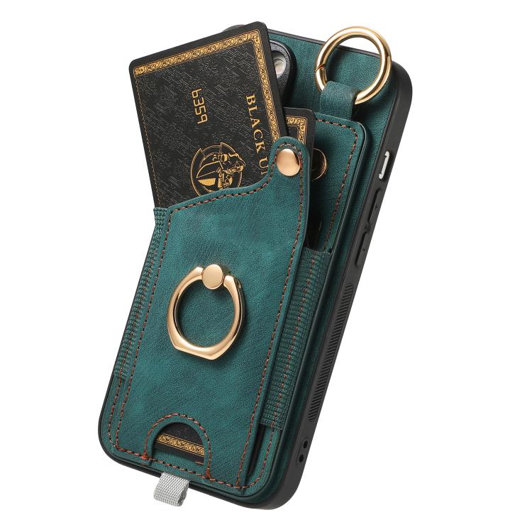 For iPhone 16e Retro Skin-feel Ring Card Bag Phone Case with Hang Loop(Green) by bashfashion