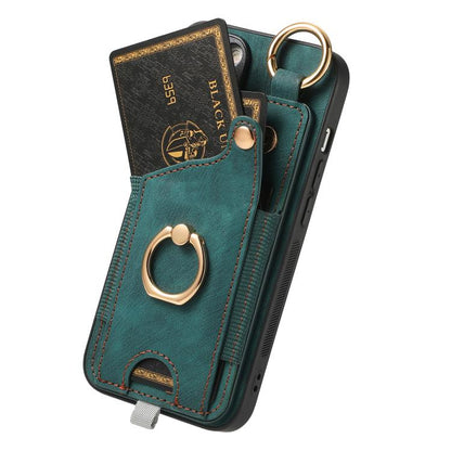 For iPhone 16e Retro Skin-feel Ring Card Bag Phone Case with Hang Loop(Green) by bashfashion