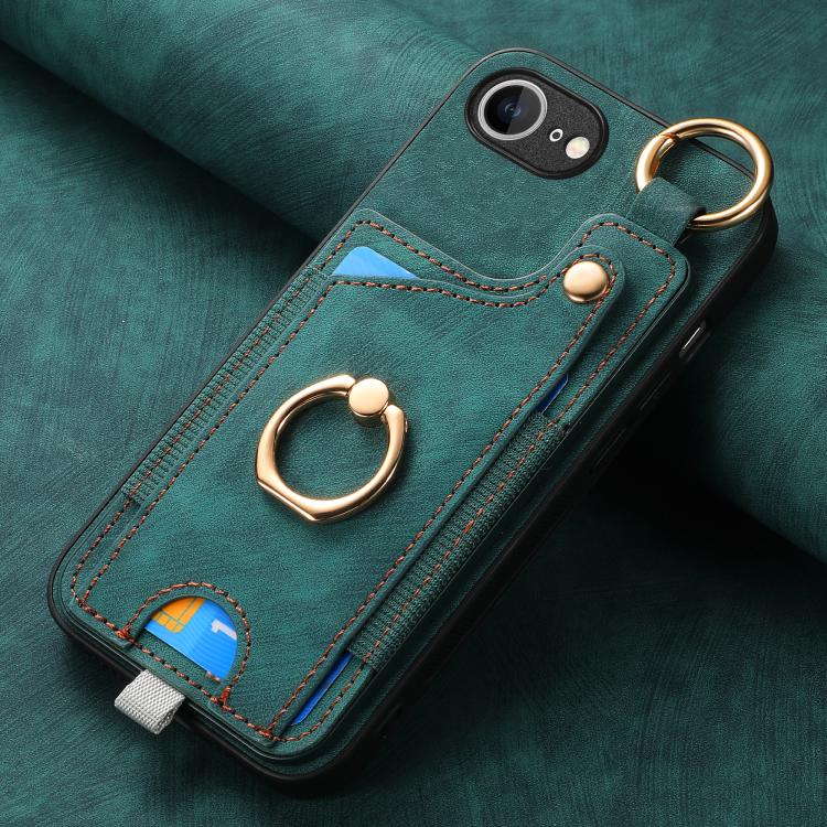 For iPhone 16e Retro Skin-feel Ring Card Bag Phone Case with Hang Loop(Green) by bashfashion