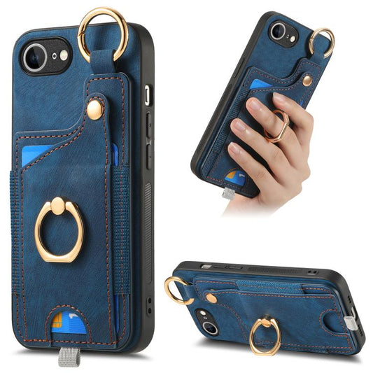 For iPhone 16e Retro Skin-feel Ring Card Bag Phone Case with Hang Loop(Blue) by bashfashion