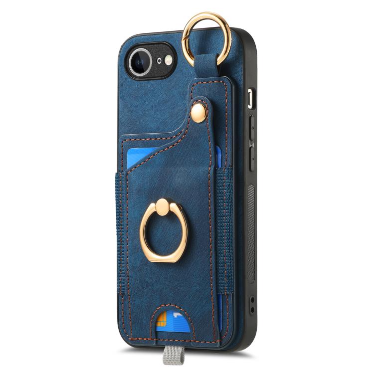 For iPhone 16e Retro Skin-feel Ring Card Bag Phone Case with Hang Loop(Blue) by bashfashion