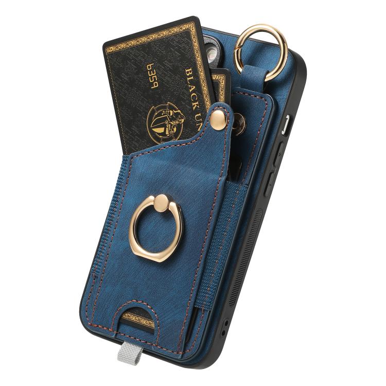 For iPhone 16e Retro Skin-feel Ring Card Bag Phone Case with Hang Loop(Blue) by bashfashion
