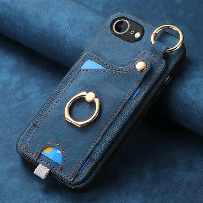 For iPhone 16e Retro Skin-feel Ring Card Bag Phone Case with Hang Loop(Blue) by bashfashion