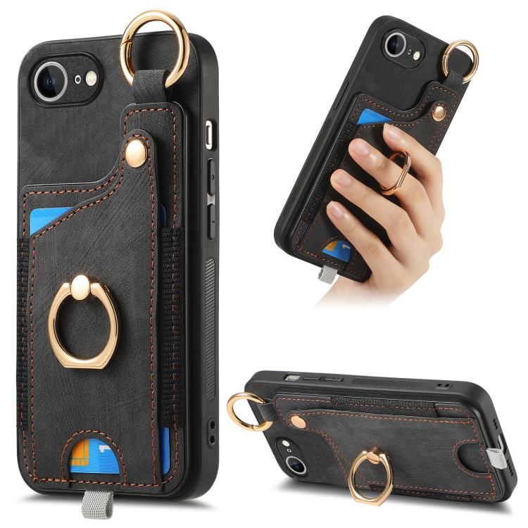 For iPhone 16e Retro Skin-feel Ring Card Bag Phone Case with Hang Loop(Black) by bashfashion