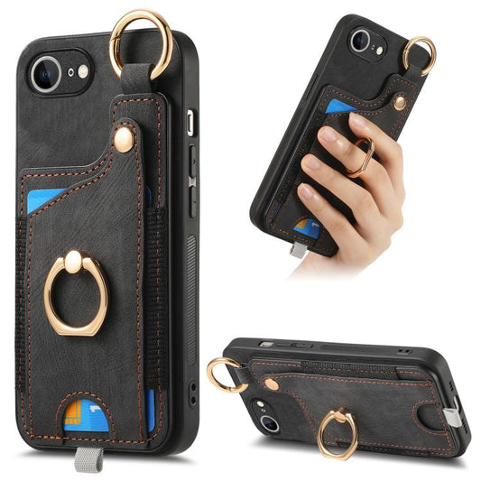 For iPhone 16e Retro Skin-feel Ring Card Bag Phone Case with Hang Loop(Black) by bashfashion