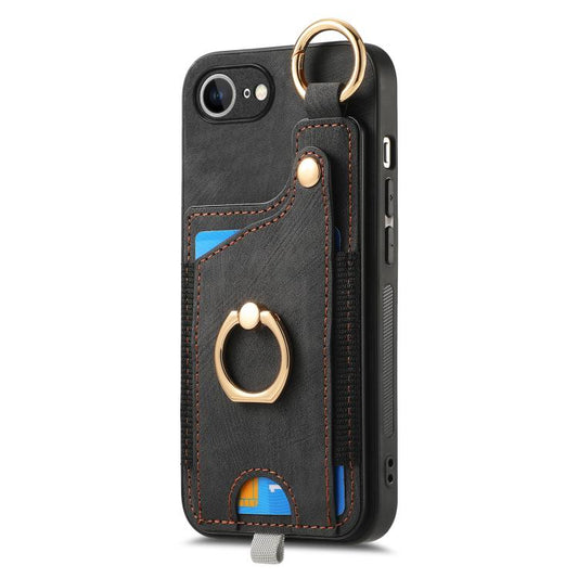 For iPhone 16e Retro Skin-feel Ring Card Bag Phone Case with Hang Loop(Black) by bashfashion