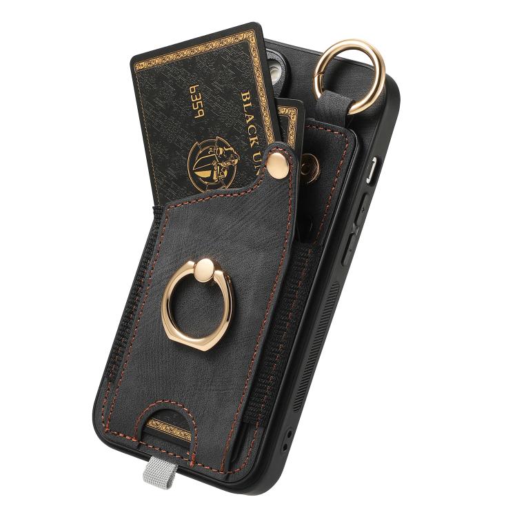 For iPhone 16e Retro Skin-feel Ring Card Bag Phone Case with Hang Loop(Black) by bashfashion