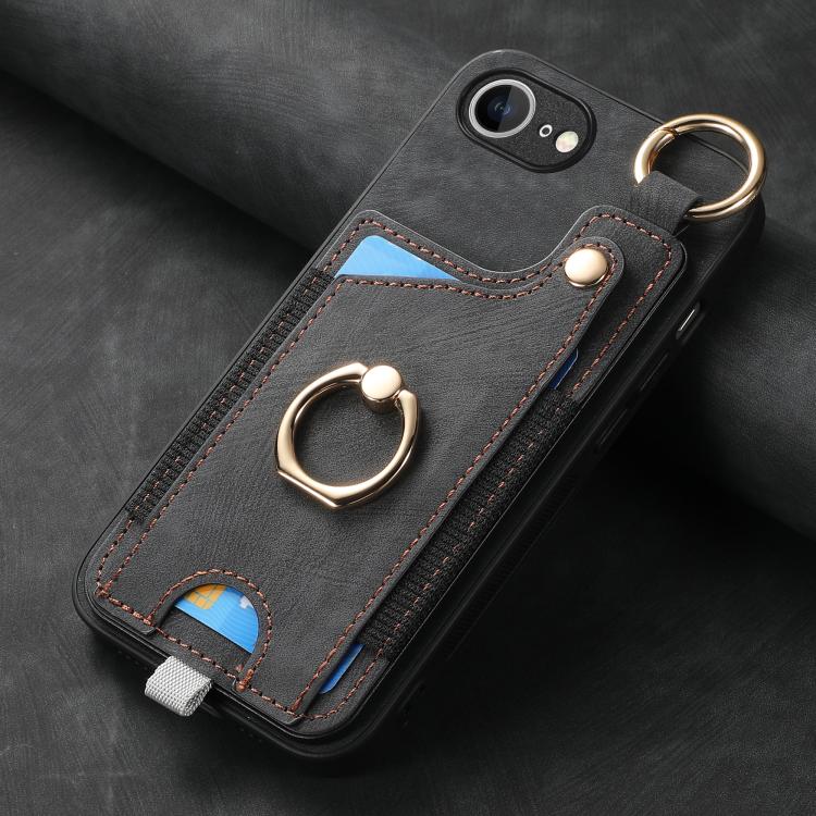 For iPhone 16e Retro Skin-feel Ring Card Bag Phone Case with Hang Loop(Black) by bashfashion