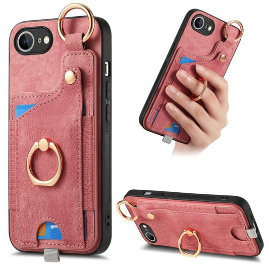 For iPhone 16e Retro Skin-feel Ring Card Bag Phone Case with Hang Loop(Pink) by bashfashion