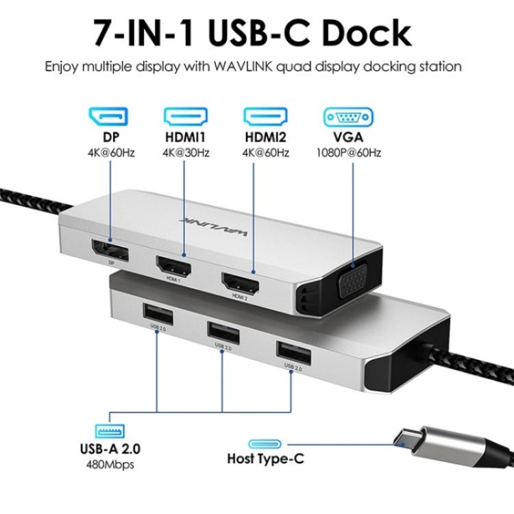 WAVLINK UMD304 Converter USB-C to Dual HD 4K 60Hz HUB 7-in-1 Laptop Docking Station by WAVLINK