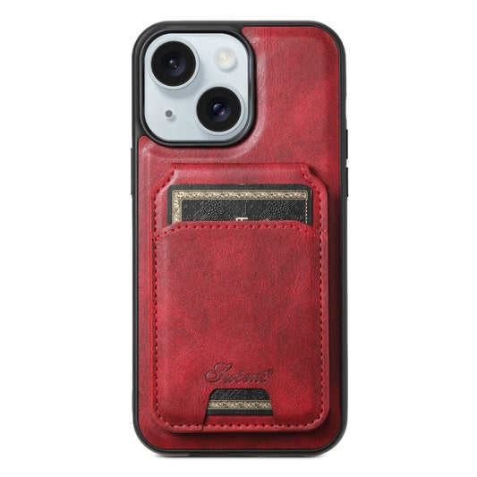 For iPhone 15 Plus Suteni H15 MagSafe Oil Eax Leather Detachable Wallet Back Phone Case(Red) by Suteni