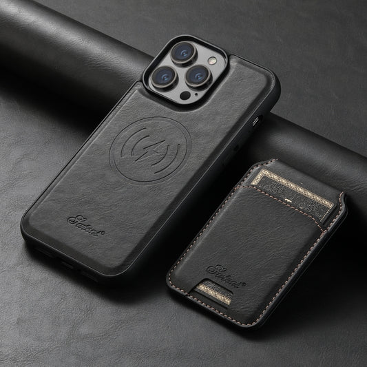 For iPhone 14 Pro Max Suteni H15 MagSafe Oil Eax Leather Detachable Wallet Back Phone Case(Black) by Suteni