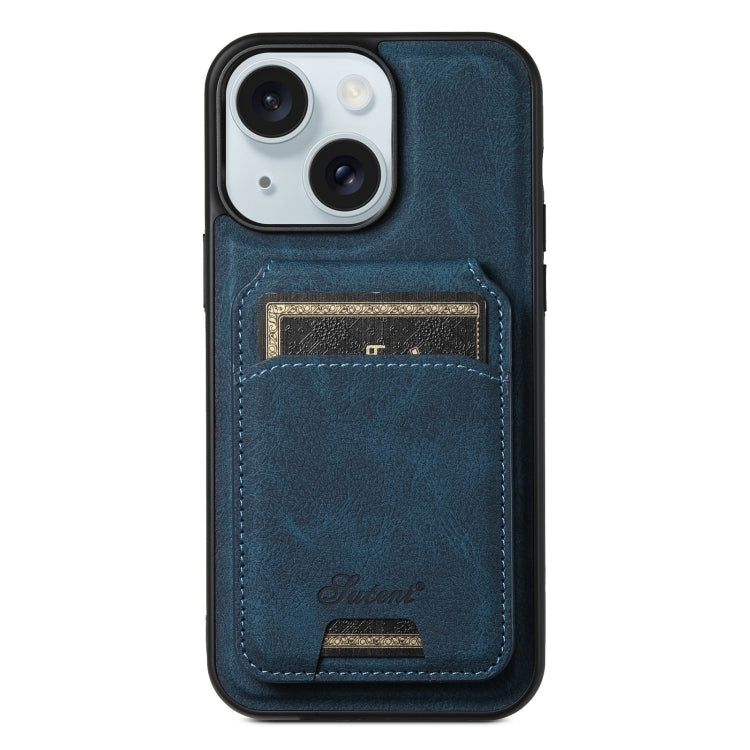 For iPhone 15 Plus Suteni H16 Litchi Texture Leather Detachable Wallet Back Phone Case(Blue) by Suteni