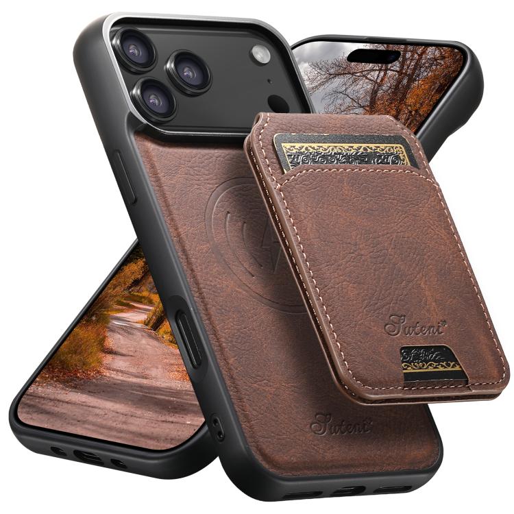 For iPhone 17 Pro Suteni H16 Litchi Texture Leather Detachable Wallet Back Phone Case(Brown) by Suteni
