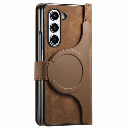 For Samsung Galaxy Z Fold5 5G Retro MagSafe Magnetic Zipper Wallet Leather Phone Case(Brown) by bashfashion