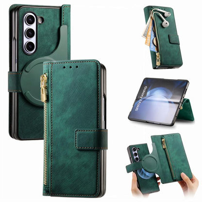 For Samsung Galaxy Z Fold5 5G Retro MagSafe Magnetic Zipper Wallet Leather Phone Case(Green) by bashfashion