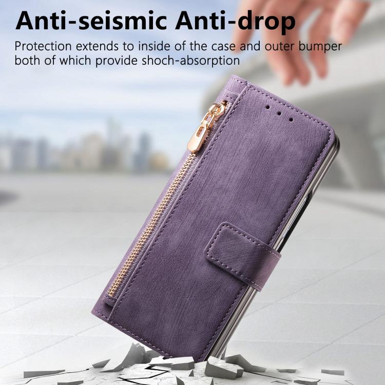 For Samsung Galaxy Z Fold5 5G Retro MagSafe Magnetic Zipper Wallet Leather Phone Case(Purple) by bashfashion