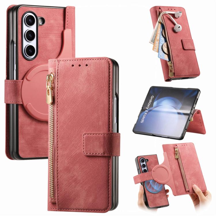 For Samsung Galaxy Z Fold5 5G Retro MagSafe Magnetic Zipper Wallet Leather Phone Case(Pink) by bashfashion