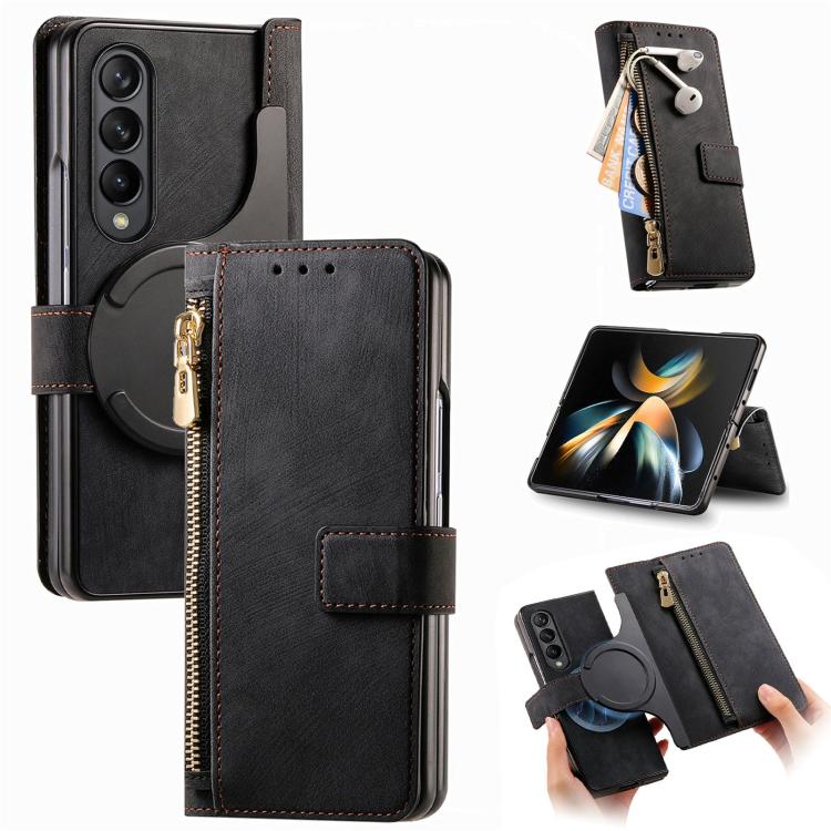 For Samsung Galaxy Z Fold4 Retro MagSafe Magnetic Zipper Wallet Leather Phone Case(Black) by bashfashion