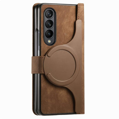 For Samsung Galaxy Z Fold4 Retro MagSafe Magnetic Zipper Wallet Leather Phone Case(Brown) by bashfashion