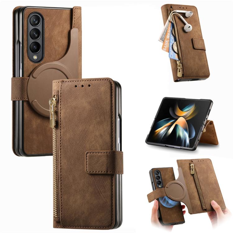 For Samsung Galaxy Z Fold4 Retro MagSafe Magnetic Zipper Wallet Leather Phone Case(Brown) by bashfashion