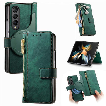 For Samsung Galaxy Z Fold4 Retro MagSafe Magnetic Zipper Wallet Leather Phone Case(Green) by bashfashion